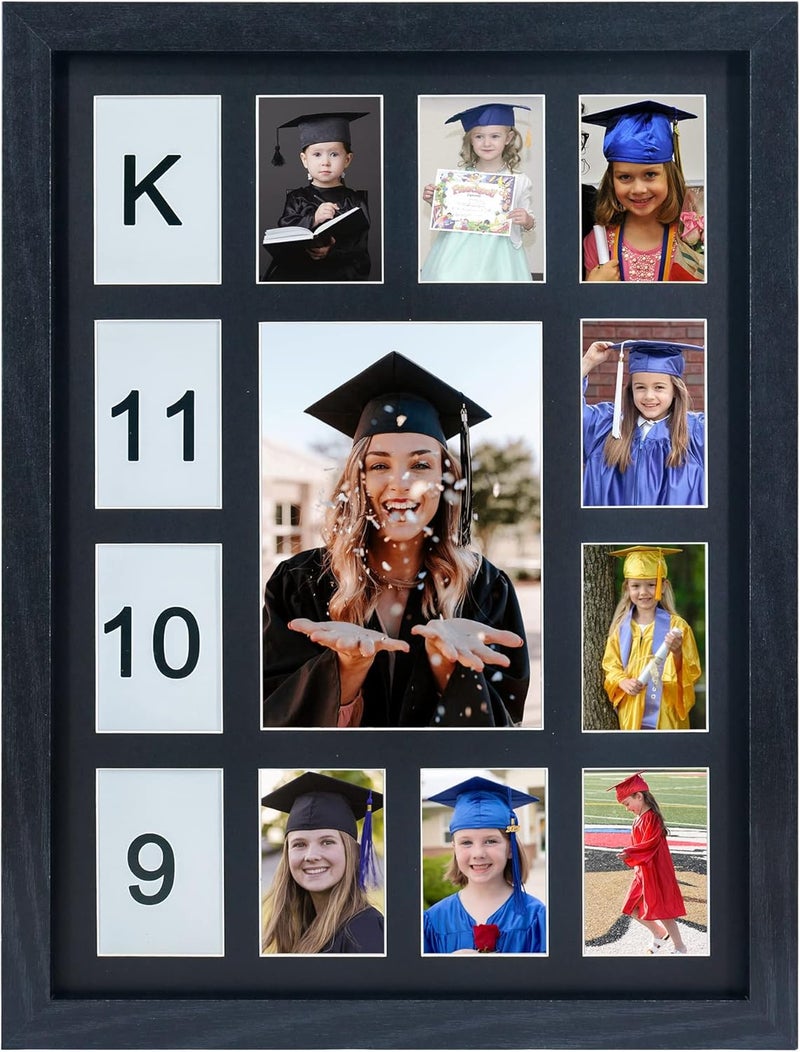 FramePro School Years Picture Frame K-12 Day Graduation Photo Collage Black Frame with Mat, Displays One 5x7 Photo and Twelve 2.5x3.5 Pictures - Image 1